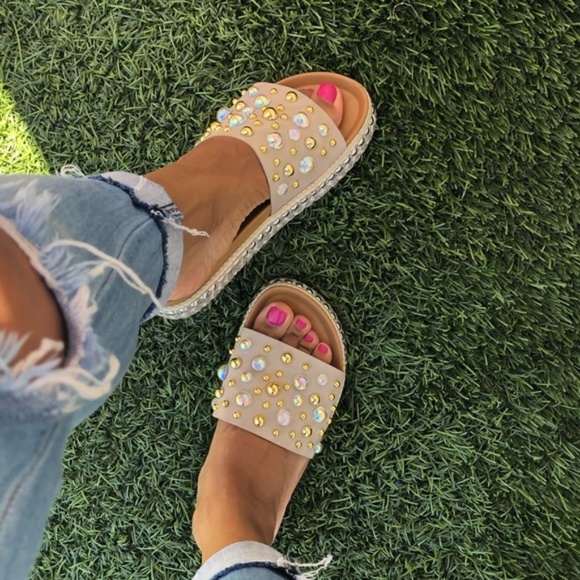 Shoes - Faux Pearls Embellished Espadrille Sandals Taupe